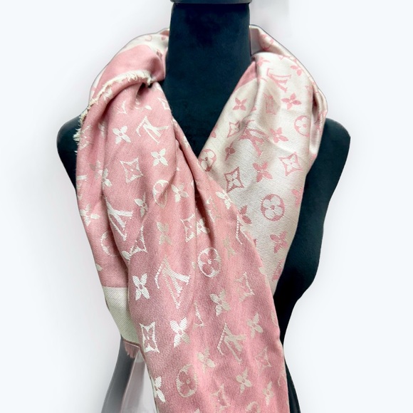 Auth Louis Vuitton Monogram Shine Rose Pink Ivory Shawl LV Wrap Stole Scarf - Picture 1 of 15